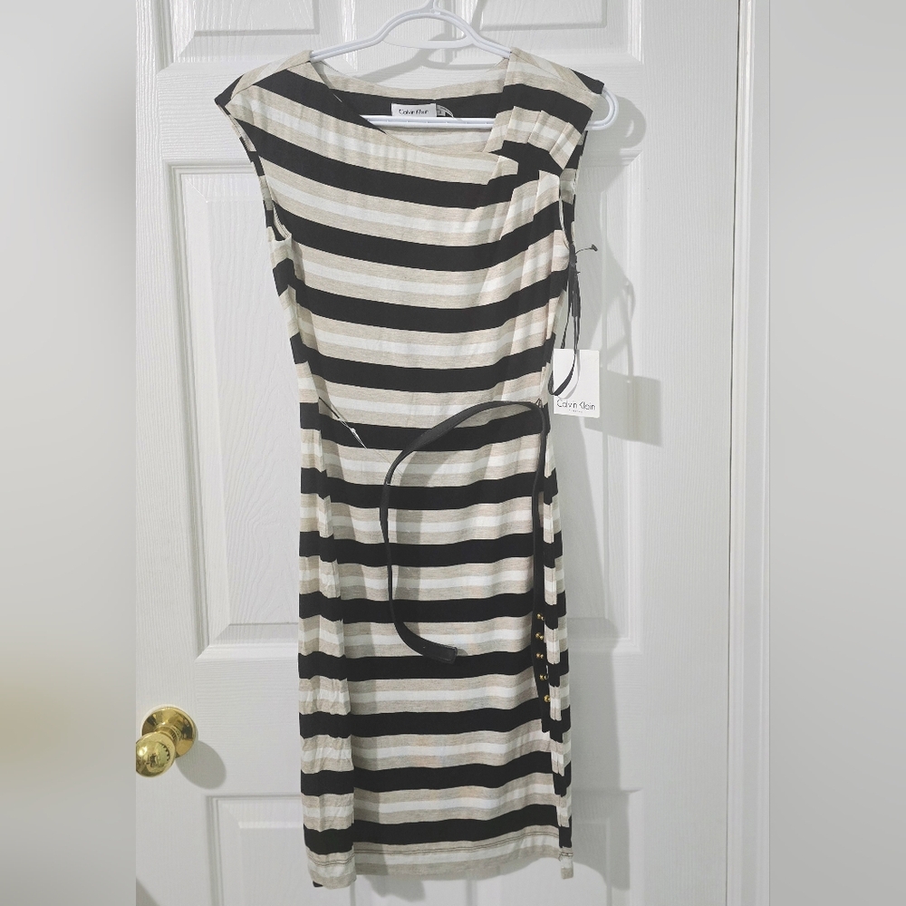 NEW! Calvin Klein Women's Asymmetrical Black and Cream Striped Dress Size 2